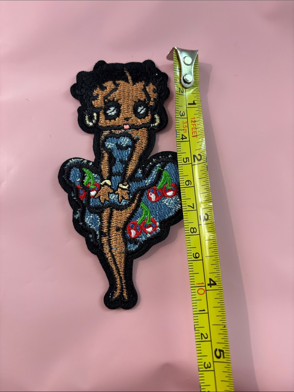 Betty-style Embroidered Hair Patch Clip in Black and Blue with Cherry Detail